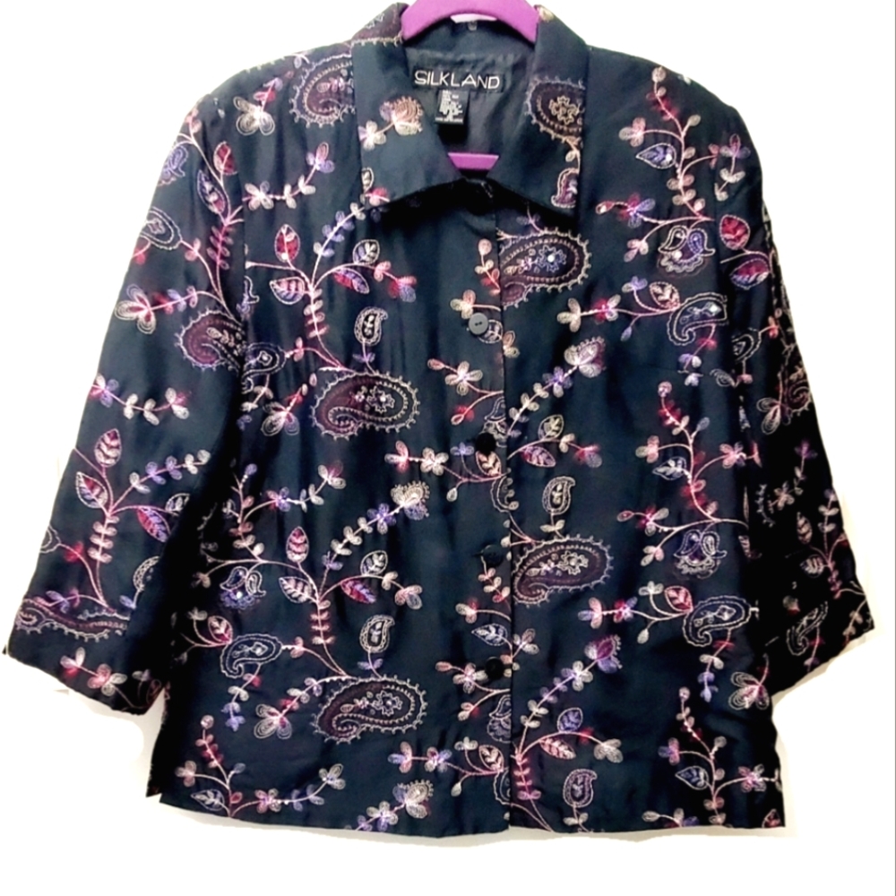 SilkLand Black Floral Embroidered Silk Boxy Jacket 3/4 Sleeves Size 12